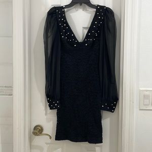 Vintage 80s lace dress with chiffon sleeves and Pearl decor size S/M